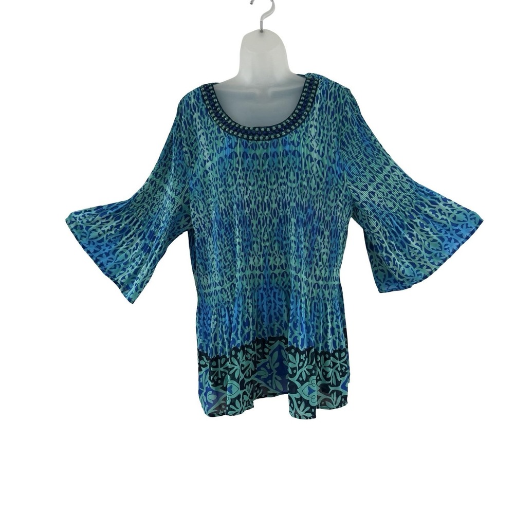 Catherines Tunic Top Womens 3X Blue Beaded Neck Pleated Bell Sleeve Print Boho